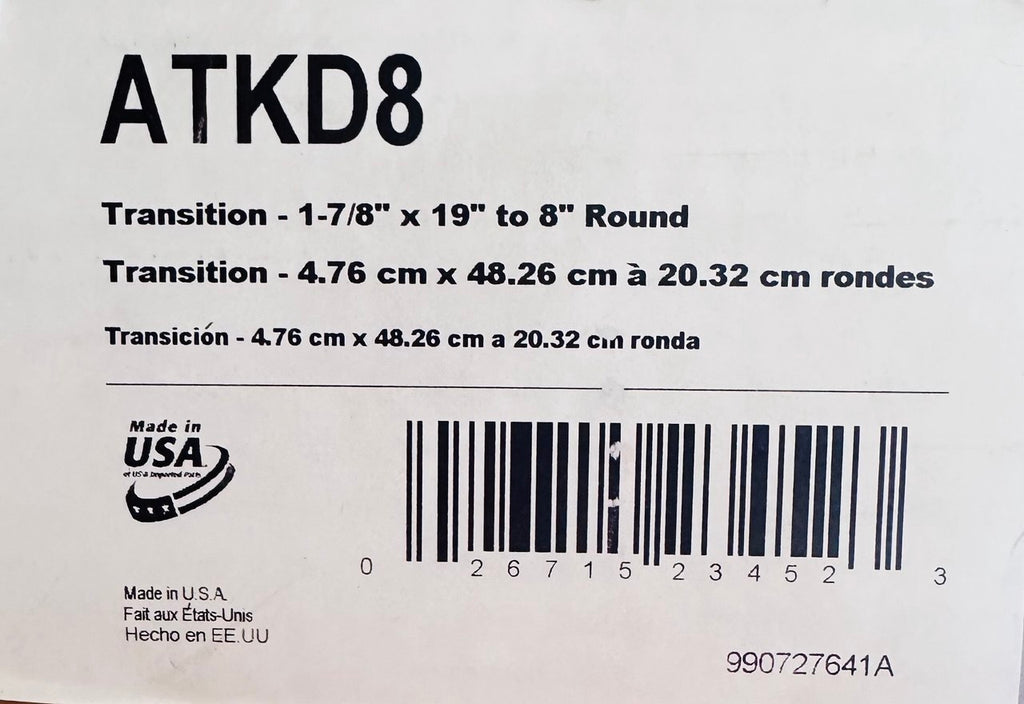 Viking ATKD8 Transition from 1 7/8 Inch x 19 Inch to 8 Inch Round
