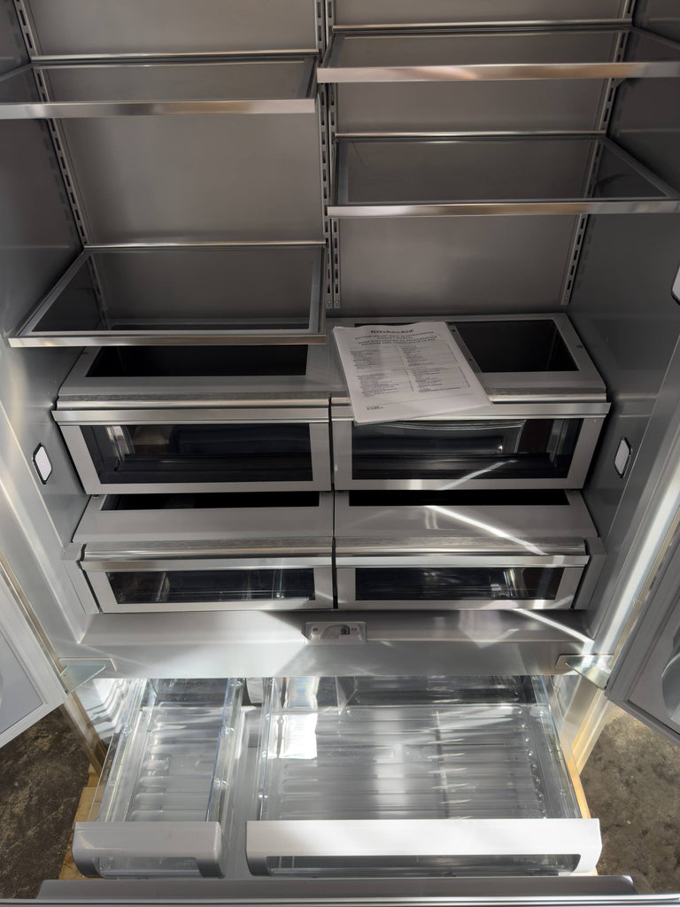 KitchenAid KBFN502ESS 42 Inch Built-In French Door Refrigerator with 24.2 cu. ft. Capacity, Glass Shelves, Preserva Food Care System, Automatic Ice Maker, Platinum Interior, LED Lighting, SatinGlide® Cripers, Door Open Alarm, Sabbath Mode: Stainless Steel