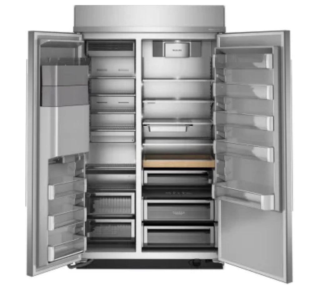 KitchenAid KBSD708MPS 48 Inch Built-In Side-by-Side Refrigerator with 29.4 cu. ft. Capacity, 4 Shelves, FreshChill™ Drawer, ExtendFresh™ Plus, Exterior Ice/Water Dispenser, ENERGY STAR®, and Star-K: Stainless Steel with PrintShield™ Finish