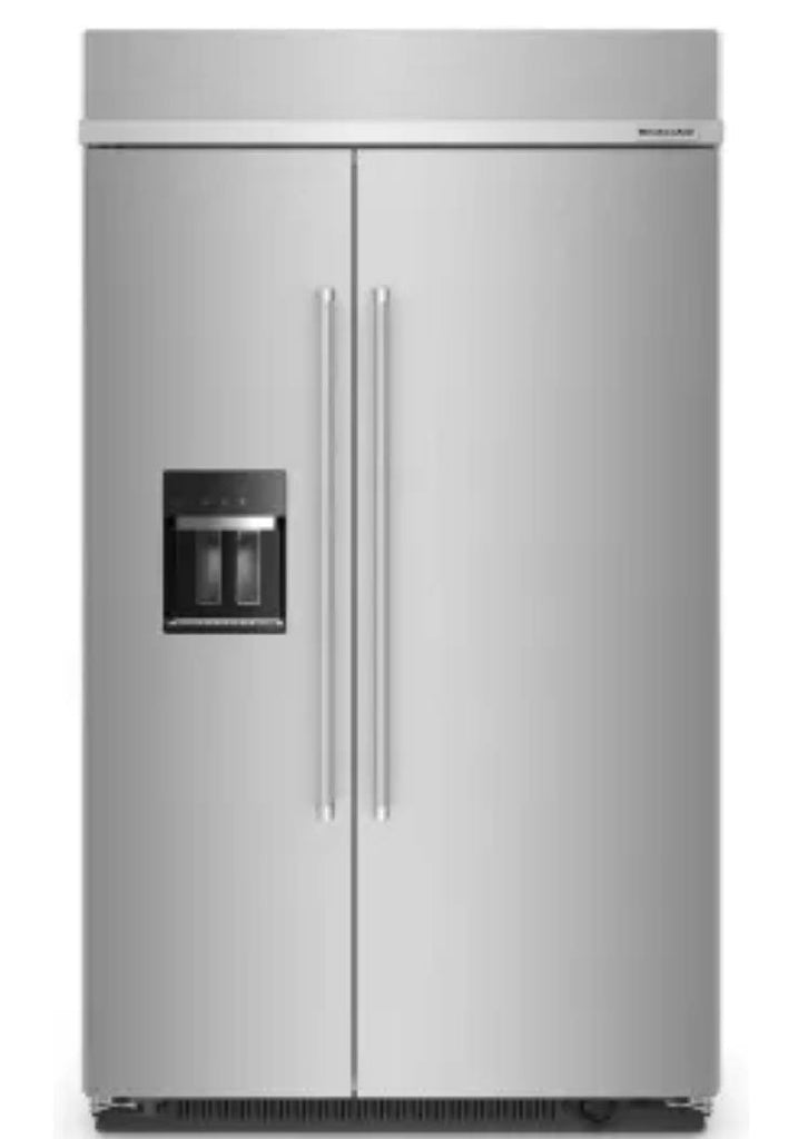 KitchenAid KBSD708MPS 48 Inch Built-In Side-by-Side Refrigerator with 29.4 cu. ft. Capacity, 4 Shelves, FreshChill™ Drawer, ExtendFresh™ Plus, Exterior Ice/Water Dispenser, ENERGY STAR®, and Star-K: Stainless Steel with PrintShield™ Finish
