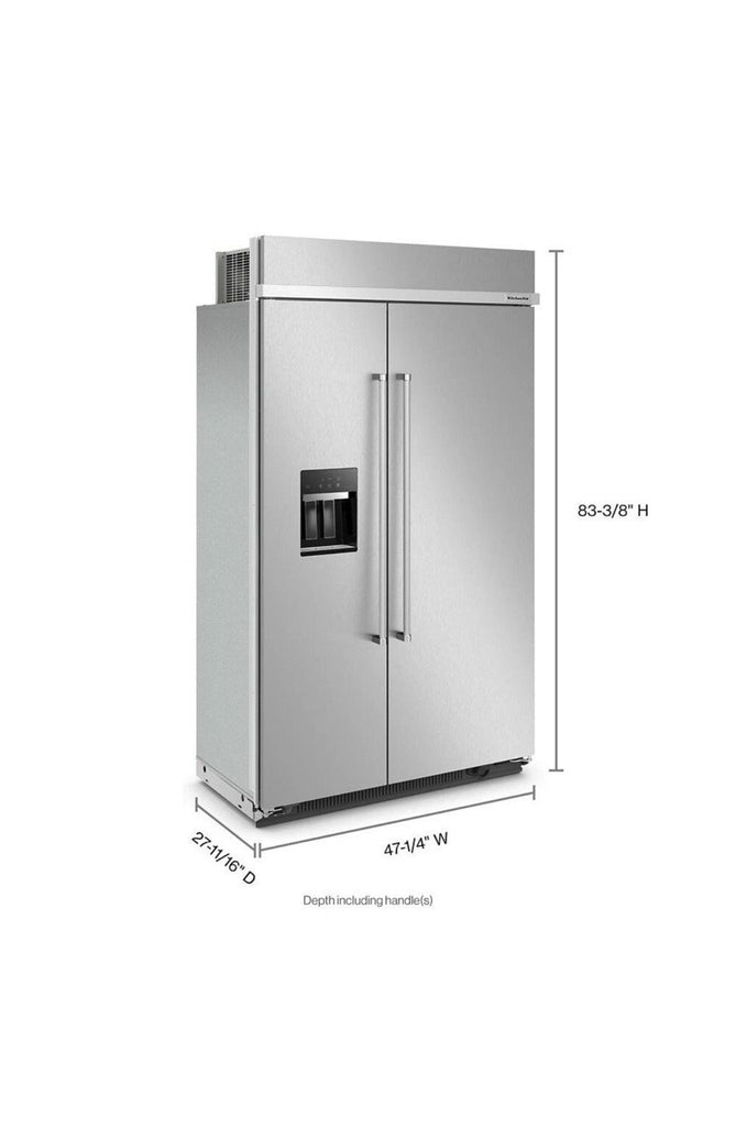 KitchenAid KBSD708MPS 48 Inch Built-In Side-by-Side Refrigerator with 29.4 cu. ft. Capacity, 4 Shelves, FreshChill™ Drawer, ExtendFresh™ Plus, Exterior Ice/Water Dispenser, ENERGY STAR®, and Star-K: Stainless Steel with PrintShield™ Finish