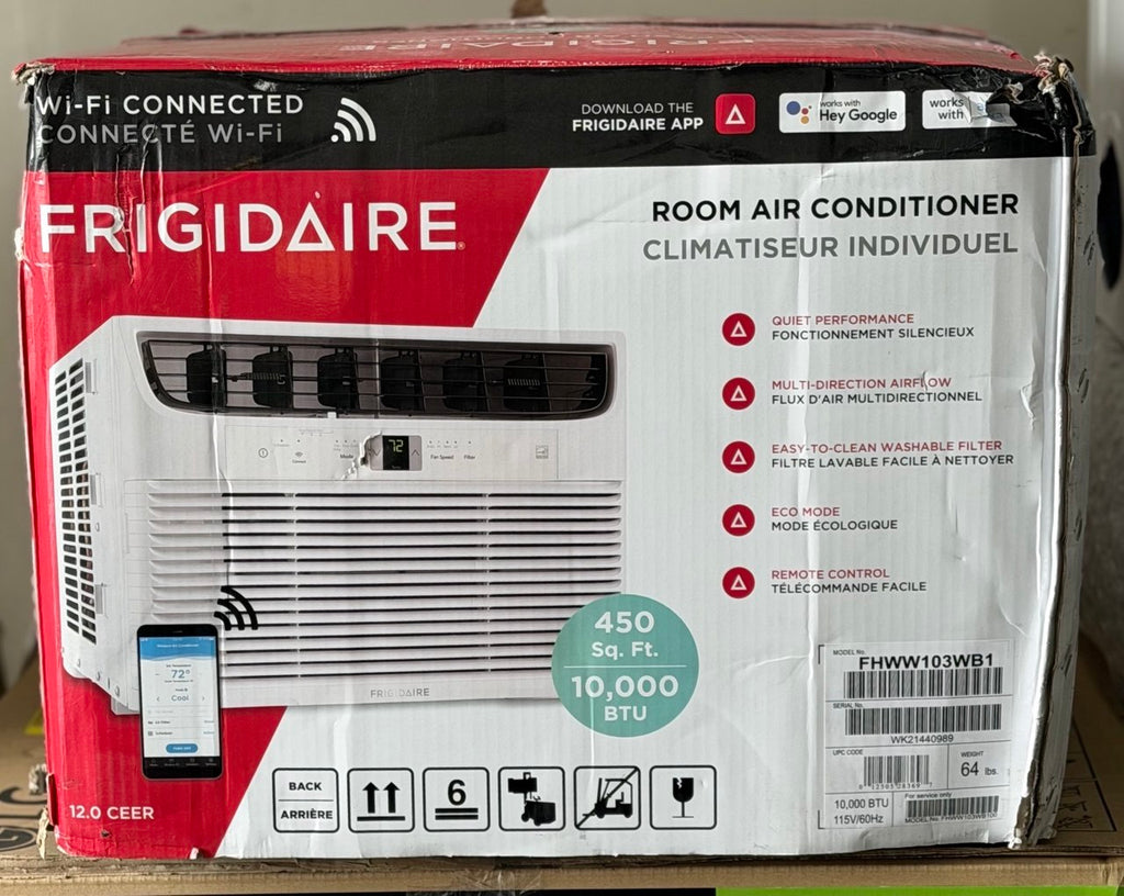 Frigidaire FHWW103WB1 Smart Window-Mounted Room Air Conditioner with Multi-Direction Airflow, Remote Control, Automatic Restart, Clean Filter Alert, Dimming Digital Display, Washable Filter