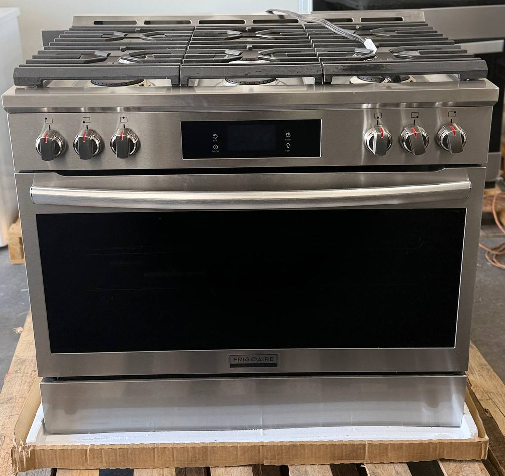 Frigidaire Gallery Series GCFG3661AF 36 Inch Freestanding Gas Range with 6 Sealed Burners, 4.6 cu. ft. Total Convection Oven, 18,000 BTU Quick Boil Burners, Simmer Burner, Air Fry, Self & Steam Clean, ADA Compliant, and Star-K