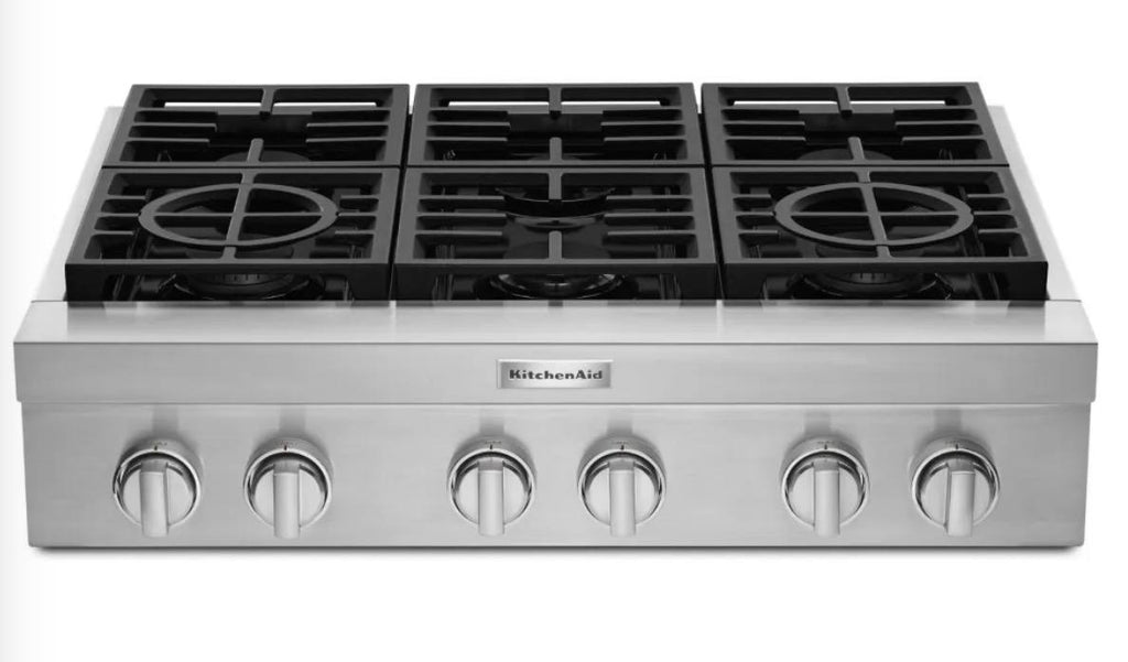KitchenAid KCGC506JSS 36 Inch Commercial-Style Gas Rangetop with 6 Burners, Ultra Power™ Dual-Flame Burners, Convertible Grates, Simmer Burner, Melt Burner and UL Certified