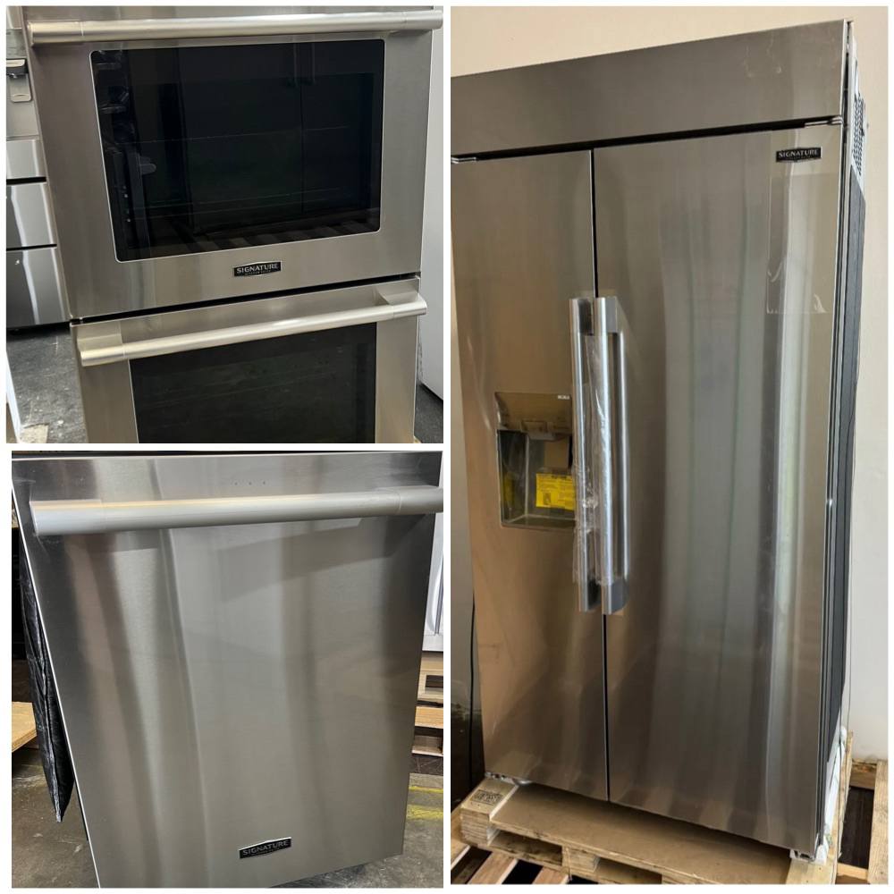 Signature Kitchen Suite Stainless Steel. Refrigerator Signature SKSSB4202S 42 inch Built-In Smart Counter Depth Side-by-Side & Signature Double Electric Wall Oven UPWD3034ST 30 Inch & Dishwasher SKSDW2401S 24 Inch.