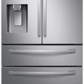 Samsung RF28R7201SR 36 Inch 4 Door Smart Refrigerator with 28 Cu. Ft. Capacity, Wifi, Twin Cooling Plus, Ice Max, EZ-Open™ Handles, Humidity Control Crispers, Tempered Glass Shelves, Flexzone Drawer: Fingerprint Resistant Stainless Steel