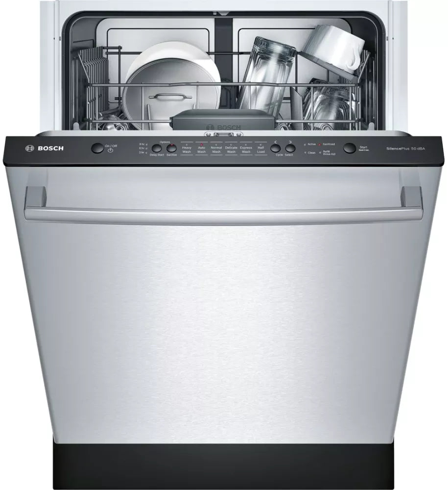 Bosch 100 Series SHX3AR75UC 24 Inch Fully Integrated Built-In Dishwasher with 14 Place Settings, 6 Wash Cycles, 50 dBA Sound Level, Adjustable Upper Rack, Sanitize Option, Express Wash, Silverware Basket, ENERGY STAR® Rated: Stainless Steel