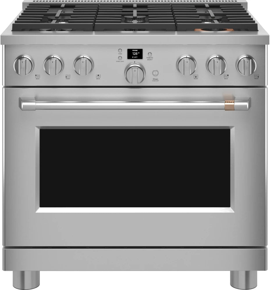 Cafe Professional Series CGY366P2TS1 36 Inch Smart Professional Gas Range with 6 Sealed Burners, 6.2 cu. ft. Oven Capacity, Convection with Reverse Air, Temperature Probe, Steam Clean, Wi-Fi, Multi-Ring Burner, CSA, and ADA Compliant: Stainless Steel