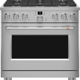 Cafe Professional Series CGY366P2TS1 36 Inch Smart Professional Gas Range with 6 Sealed Burners, 6.2 cu. ft. Oven Capacity, Convection with Reverse Air, Temperature Probe, Steam Clean, Wi-Fi, Multi-Ring Burner, CSA, and ADA Compliant: Stainless Steel