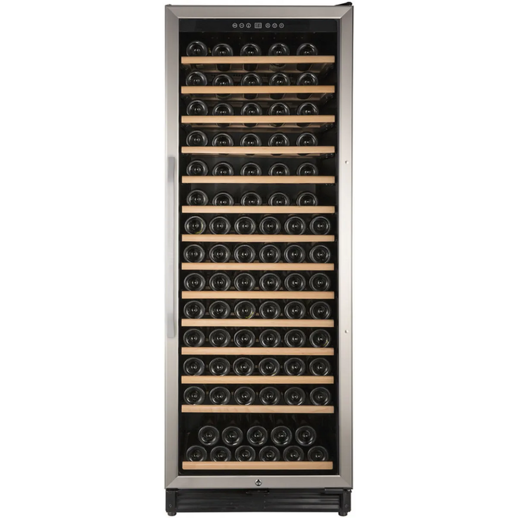 Avanti WCF149SE3S 24 Inch Single Zone Wine Chiller with 149 Bottle Capacity, 14-Rollout Wood Shelves, Reversible Tempered Glass Door, LED Light, and Soft Touch Control Panel: Stainless Steel