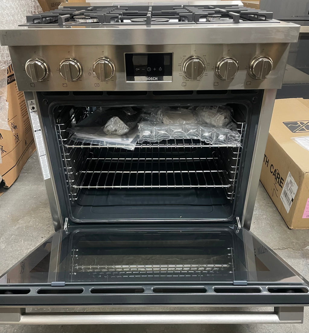 Bosch 800 Series HDS8055U 30 Inch Freestanding Dual Fuel Range with 5  Sealed Burners, 3.9 Cu. Ft. Oven Capacity, Continuous Grates, Self Clean