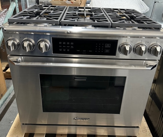 Dacor HDER36SNG Heritage Series 36 Inch Freestanding Dual Fuel Range with Natural Gas, 6 Sealed Burners, 5.2 cu. ft. Total Oven Capacity, Griddle, Convection Oven, Self-Clean Oven, Continuous Grates, Viewing Window, Perma-Flame in Stainless Steel