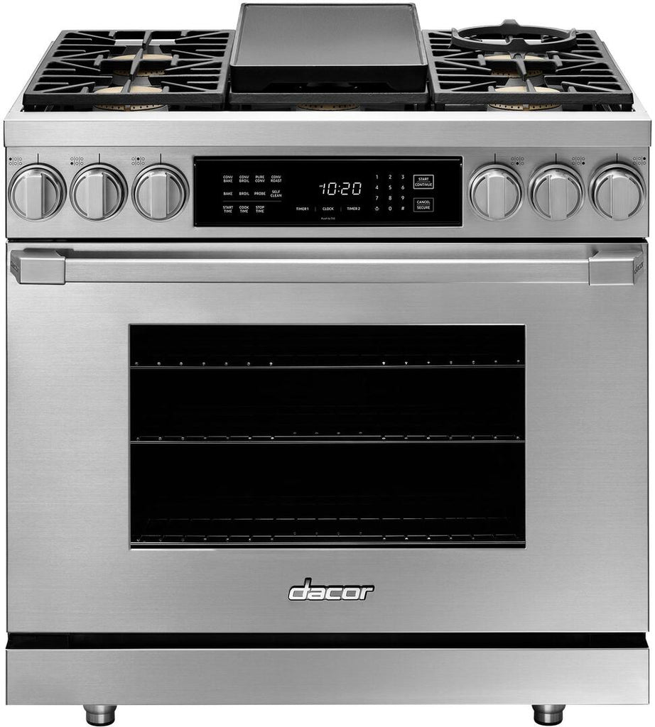 Dacor HDER36SNG Heritage Series 36 Inch Freestanding Dual Fuel Range with Natural Gas, 6 Sealed Burners, 5.2 cu. ft. Total Oven Capacity, Griddle, Convection Oven, Self-Clean Oven, Continuous Grates, Viewing Window, Perma-Flame in Stainless Steel