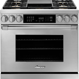 Dacor HDER36SNG Heritage Series 36 Inch Freestanding Dual Fuel Range with Natural Gas, 6 Sealed Burners, 5.2 cu. ft. Total Oven Capacity, Griddle, Convection Oven, Self-Clean Oven, Continuous Grates, Viewing Window, Perma-Flame in Stainless Steel