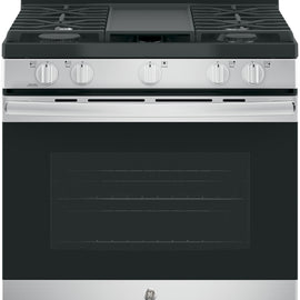 GE JGBS66REKSS 30 Inch Free-Standing Gas Range with 5 Sealed Burners, 5.0 cu. ft. Oven Capacity, Broiler Drawer, Continuous Grates, Delay Bake, Steam Clean, Simmer Burner, Power Boil Burner, Central Oval Burner: Stainless Steel