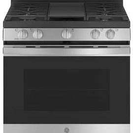 GE JGB735SPSS 30 Inch Freestanding Gas Convection Range with 5 Sealed Burners, 5 Cu. Ft. Oven Capacity, Storage Drawer, Edge-to-Edge Cooktop, Enhanced Shabbos Mode Capable, Self-Clean+Steam Clean, No Preheat Air Fry, Integrated Griddle: Stainless Steel