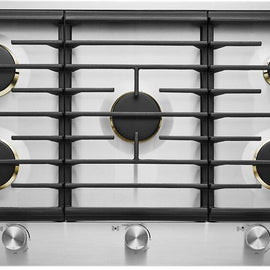 JennAir Euro-Style Series JGC3536GS 36 Inch Gas Cooktop with 5 Sealed Burners, Cast Iron Continuous Grates, 20,000 BTU Dual-Stacked PowerBurner, Single Point Electronic Ignition, Flame-Sensing™ Re-Ignition, White LED Burner Indicator, Prop 65