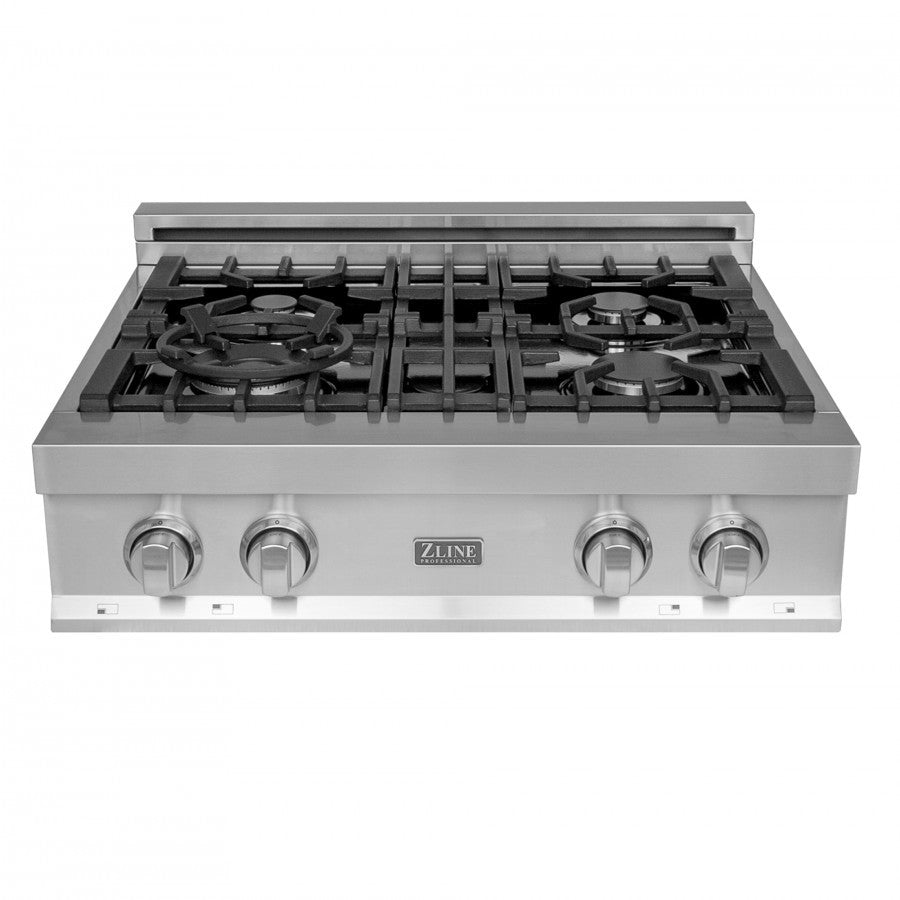 ZLINE RT30 30 Inch Gas Rangetop with 4 Italian Sealed Burners, Continuous Cast Iron Grates, Porcelain Cooktop, Dual Wok, Front Controls, Electronic Spark Ignition, UL Listed, and ETL Certified: Stainless Steel
